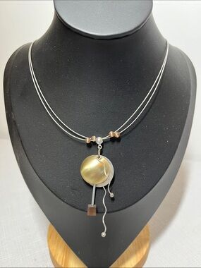 CHRISTOPHE POLY, Modernist Pendant, Necklace, Silver Tone, Chain, Signed